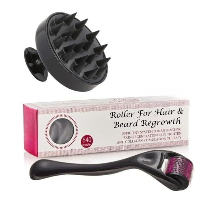 HOBITEQ Roller For Hairr & Beard Regrowth with 540 Titanium Alloy Needles and , Promotes Beard Growth, Hairr Regrowth & Reduces Acne Scars, Safe & Effective To Use with Round Hairr Scalp Manual Massager Shampoo Hairr Brush Set of 2- Multi-Colour-image-30