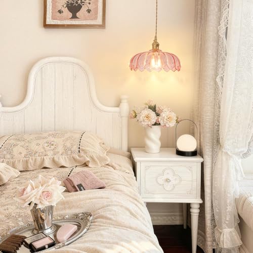 Image of Shenmoyl Pendant Light with Pink Scindapsus Glass Lmapshade, Brass Vintage Pendant Light Adjustable Hanging Light for Kitchen Island Dining Room Hallway