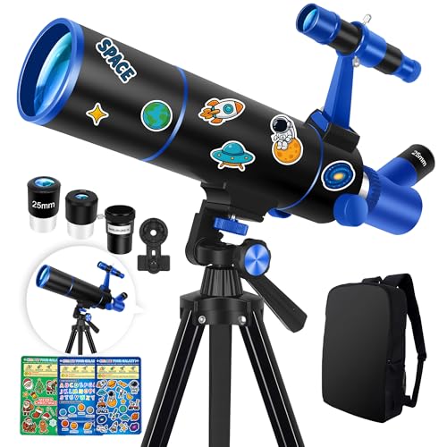 Image of Hawkko Telescope for Adults & Kids Beginners, 80mm Aperture 500mm Telescopes for Adults Astronomy, (20X-150X) Portable Refractor Telescope Kit with Decorate Stickers, Backpack, Phone Adapter-BlackBlue