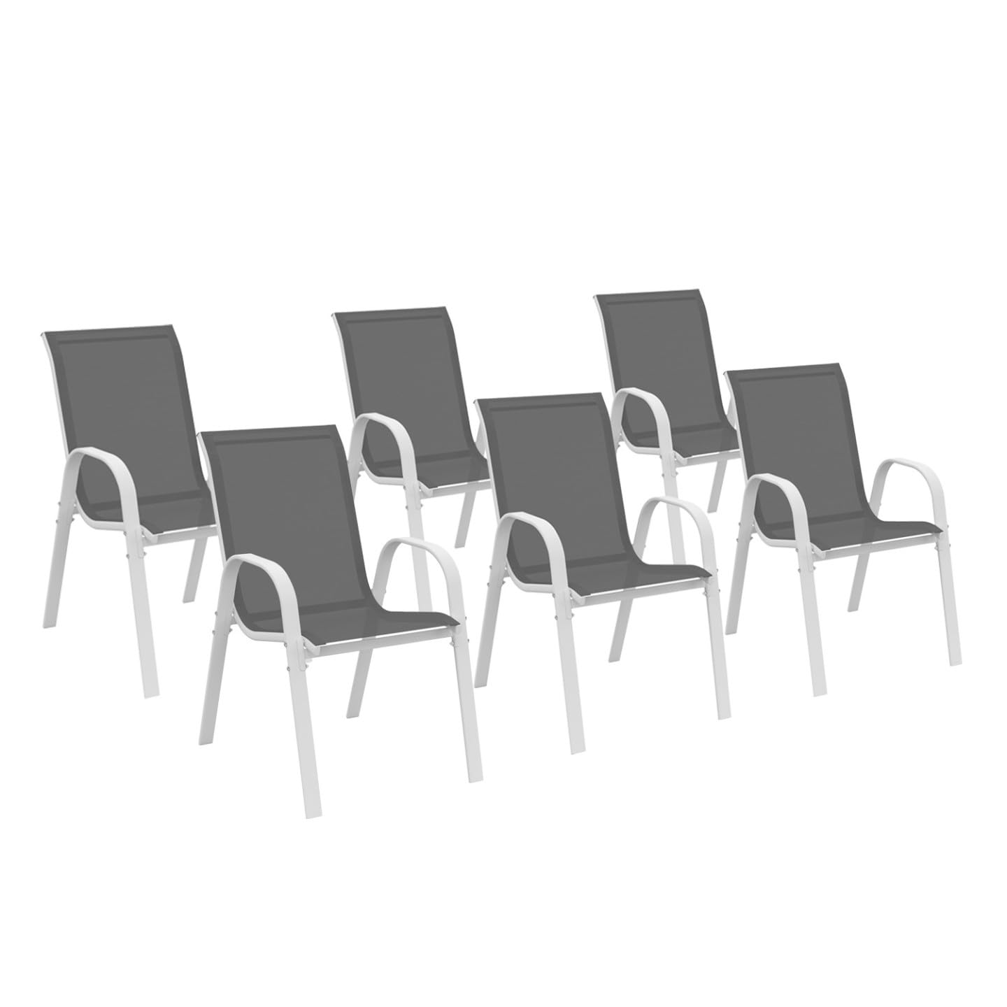 IDMarket - Juego de 6 sillas de jardín LYMA metal y textileno apilables blanco y gris