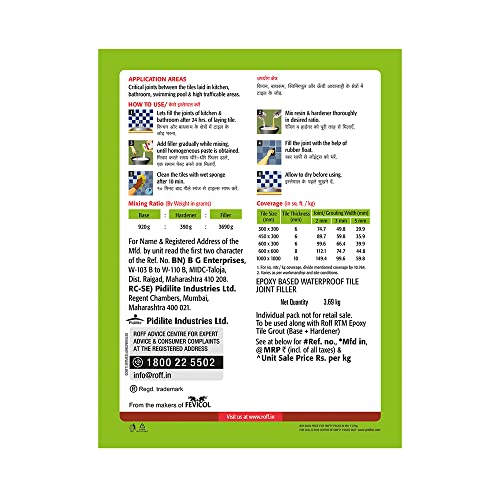 Image of Pidilite Roff Rainbow Tile Mate Epoxy 3.69KG Slt Gry (Base + Hardener) & Filler to fill tile joints in kitchen, factory | stain and chemical resistant