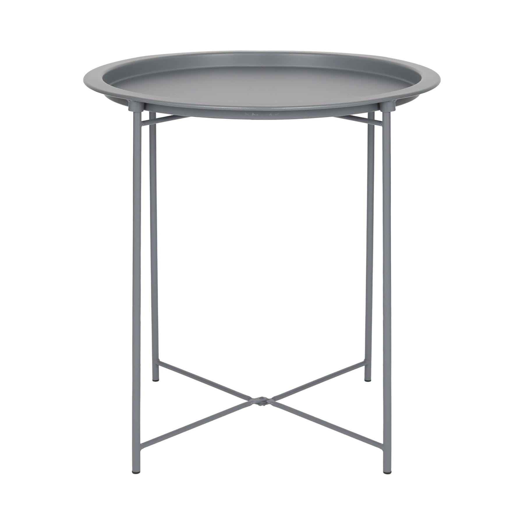 Harbour Housewares Round Tray Table with Removable Tray - Pack of 1 - Matte Grey Steel Bed Side Table Raised Lip Serving Dish Compact Collapsible Folding Stand for Bedroom, Home and Office