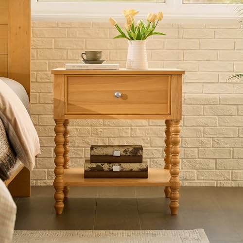 Image of AMERLIFE 24 inch Wood Nightstand Set of 2, Vintage Bedside Table for Bedroom, Solid Wood Night Stand with Turned Legs, End Table with Drawer & Open Shelf, Natural Finish