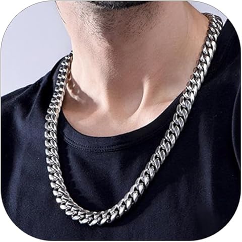 ChainsHouse Miami Cuban Link Chain Necklace for Men, 4.8mm/6mm/10mm/14mm Width, 14K Gold Plated/Stainless Steel/Black Mens Chunky Hip Hop Necklace Curb Chains, 14