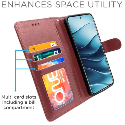 Image of Amazon Basics Flip Cover for Redmi Note 14 5G Leather Finish | Wallet Stand and Shock Proof | Inside TPU with Card Pockets | Complete Protection Flip Case (Brown)