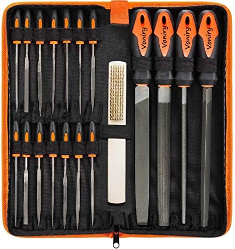 Voniry 19Pcs Metal File Set, Heavy Duty Carbon Steel Files Sharping Tool with Steel Brush Flat/Triangle/Half-Round/Round Large File and Precision Needle Files for Woodwork Metal Glass Ceramic