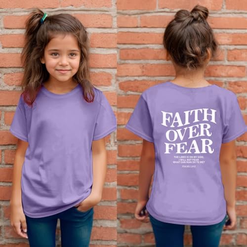 Image of Faith Over Fear Shirt Christian Jesus Tshirts for Girls Religious Inspirational Tees Bible Verse Tops for Kids 3-12