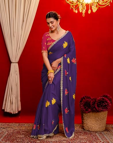 Image of SIRIL Women's Embroidery, Mirror Work, Scalloped Border Shimmer Georgette Saree With Unstitched Blouse Piece