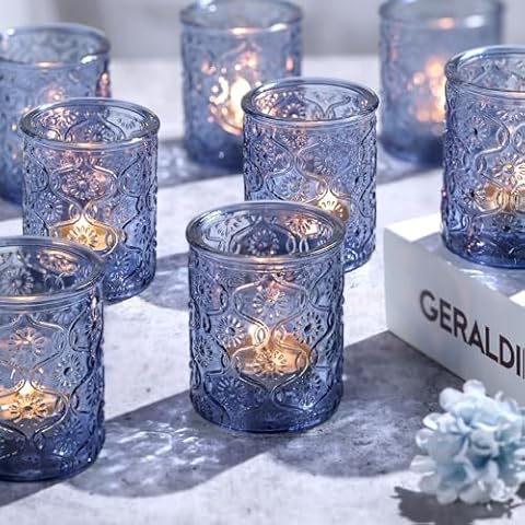 Volens 24pcs Blue Votive Candle Holders for Table Centerpiece, Vintage Flower Glass Tealight Candle Holders Bulk for Wedding Decorations, Bridal Shower, Boho, Home and Party Decor Cover