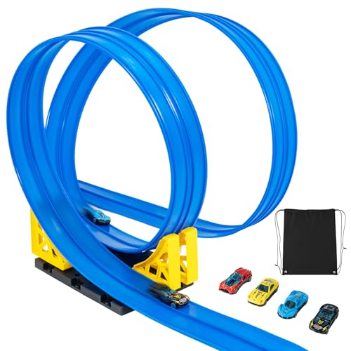 GreenWhim 5M Flexible Car Race Track Set for Kids with 4 Toy Cars 2 Ramps 4 Suction Cups and Storage Bag Indoor Play Gift for Boys and Girls Age 3 to 8