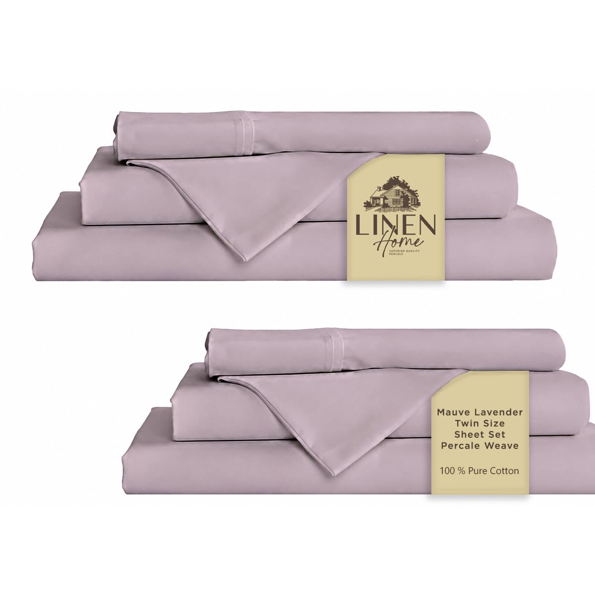 Linen Home 100% Cotton Percale Sheets Twin Size Pack of 2, Mauve Lavender, Deep Pocket, 6 Pieces Set- 2 Flat, 2 Fitted and 2 Pillowcases, Crisp Cool and Long Staple Strong Bed Linen