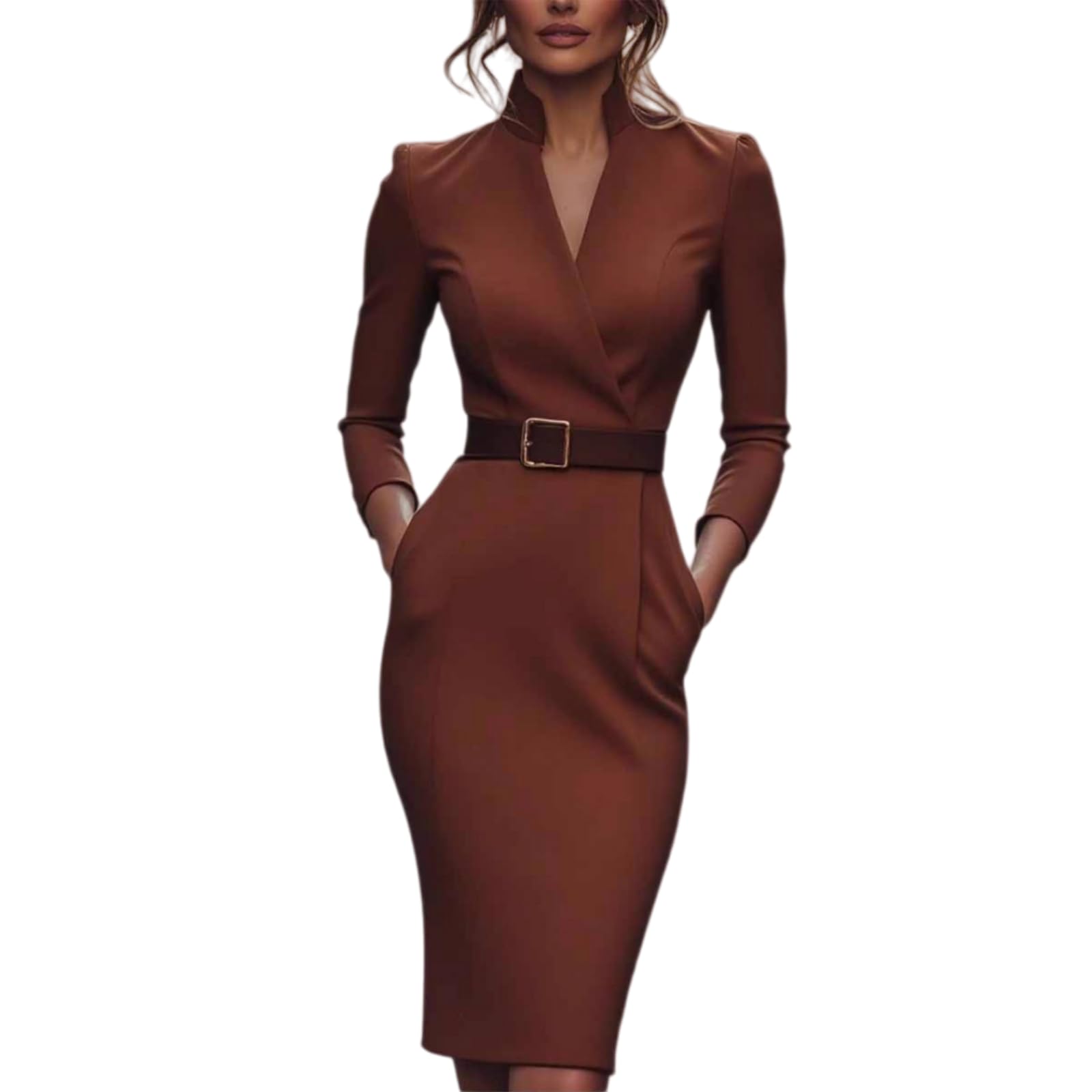 Generisch Elegante Abito da Lavoro da Donna – Abito a Tubino a Maniche Lunghe con Cintura, Collo alla Coreana, Scollo a V, Tasche e Lunghezza al Ginocchio.