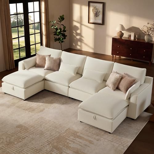 Image of WorthFurni Modern Modular Sectional Sofa,134 inch U Shape Sectional Cloud Couch with Storage Ottoman,Comfty 6 Seat Sofa for Living Room,Beige Chenille