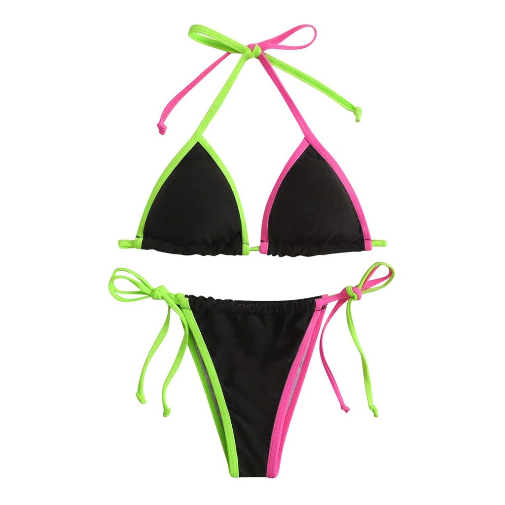 Patchworkowe stringi mikro bikini damskie seksowne bandażowe bikini Set Push Up wyściełane stroje kąpielowe strój kąpielowy z wysokim stanem (kolor: czarny, rozmiar: mały) (czarny L)