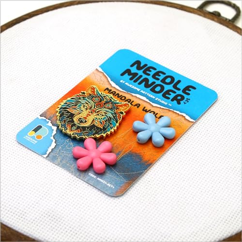 Image of Awesome Pattern Studio Needle Minder Set - Mandala Wolf Magnetic Needle Minder + 2 Needle Threaders. Enamel Pin for Cross Stitch, Embroidery and Craft