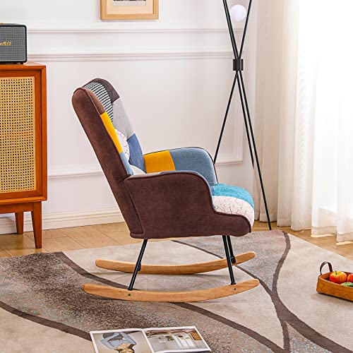 Laverntard Modern Rocking Accent Chair, Tufted Upholstered Rocking Chair For Nursery, Comfy Wingback Glider Rocker With Wood Legs And Patchwork Cotton Linen For Living Room Bedroom Balcony #TOP2