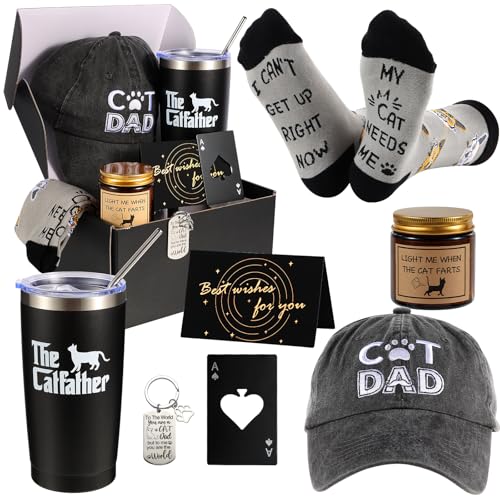 Image of 8 Pieces Cat Dad Gifts Set for Dad Best Cat Dad Ever for Men,Cat Gifts for Cat Lovers Including Tumbler Socks Keychain Hat Bottle Opener Greeting Cards Sented Candle