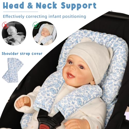 Image of Infant Car Seat Insert Head and Body Support, GFU Reversible Newborn Insert for Carseat with Strap Pads, Soft Stroller Cushion Pillow Insert for Boys and Girls, Fits for Stroller, Swing, Blue Flower