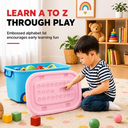 Image of STAR WORK Multipurpose Durable Storage Box Colorful Car-shaped Children's Toy Storage Container with Wheels and Handle (Pack Of 2, 45 Liter) color may very