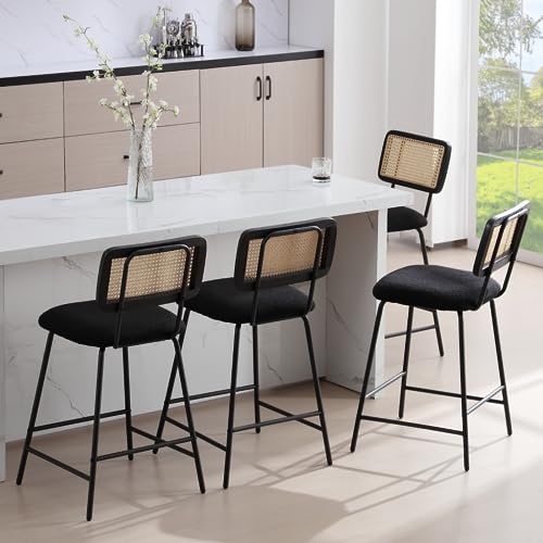 Image of Bar Stools Set of 4, 26 inch Modern Rattan Counter Height Bar Stools with Metal Legs, Upholstered Sherpa Barstools with Cane Backrest for Kitchen Home Bar Restaurant, Black