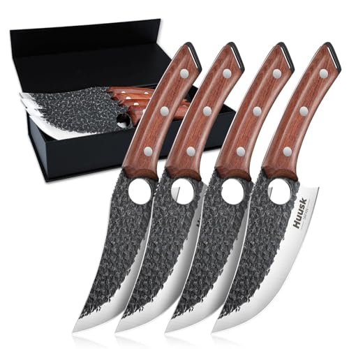 Image of Huusk Viking Knives Set of 4, Japanese Butcher Knife Set for Meat Cutting, Hand Forged Boning Knife with Wood Handle, Japanese High Carbon Steel, for Camping, Outdoor, BBQ, Christmas Gift Idea for Men