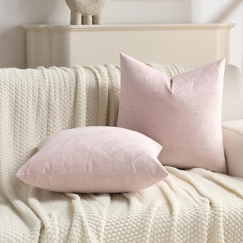 Image of FUTEI Pack of 2 Velvet Throw Pillow Covers 12x20 Inch Soft Embossed Leaf-Relief Textured Decorative Lumbar Pillowcases Modern Natural Farmhouse Accent for Couch Bed Living Room, Pink