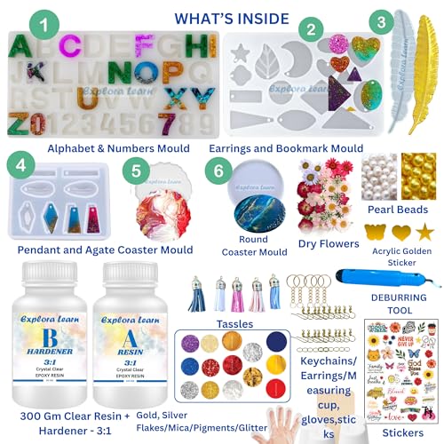Image of exploralearn 165 Pcs Ultimate Resin Art Kit with 300g Epoxy Resin - DIY Alphabet, Jewelry, Keychains, Coasters & Bookmarks - Includes Deburring Tool, Dried Flowers, Stickers, Pigments & More