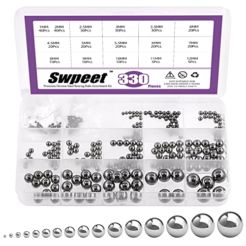 Swpeet Lot de 330 billes de précision en acier pour roulements de vélo - 1 mm, 2 mm, 2,5 mm, 3 mm, 3,5 mm, 4,5 mm, 5,5 mm, 6 mm, 7 mm, 8 mm, 9 mm, 10 mm, 11...
