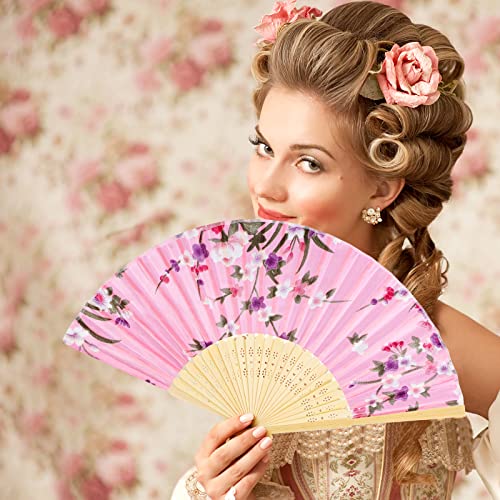 Durony DY0459 12 Pieces Floral Folding Fans Silk Bamboo Handheld Fans Vintage Handheld Fan Flower Patterns Fabric Fans thumb #4