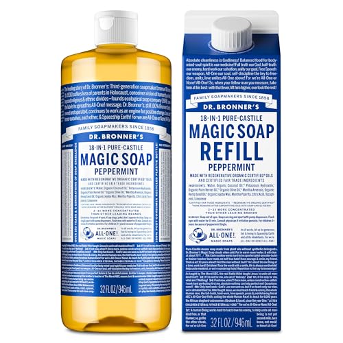 Dr. Bronners Pure-Castile Liquid Magic Soap Bottle & Refill Carton - Made with Regenerative Organic Certified Oils- 18-in-1 Uses for Face Body Wash Hand Soap Refill- Peppermint 32oz