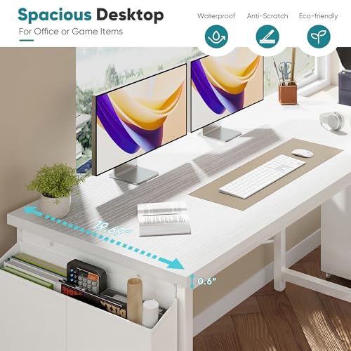 Image of OLIXIS Computer Desk, 55 Inch Gaming Desks for Home Office Small Spaces | Writing Study Craft Work Table, Computer Workstation for Bedroom with Storage Bag, All White