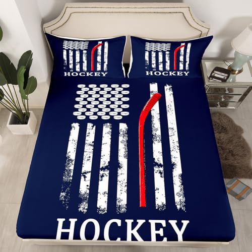 Image of Castle Fairy American Flag Bed Sheet Set Kids Ice Hockey Sheets Set 4pc Retro Creativity Microfiber Soft Bedding Set,1 Flat Sheet,1 Deep Pocket Fitted Sheet,2 Pillow Cases(Queen Size)