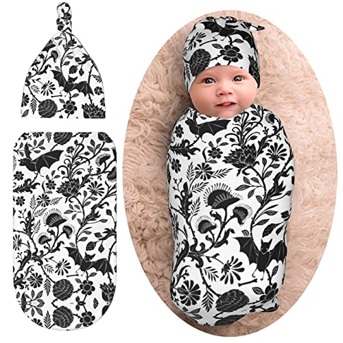 Image of Halloween Goth Bats Flower Halloween Baby Stuff Newborn Baby Swaddle Blanket Gothic Swaddle Wrap Soft Sleep Sacks Stretchy Receiving Blankets with Hat for Boy Girl Infants Gifts