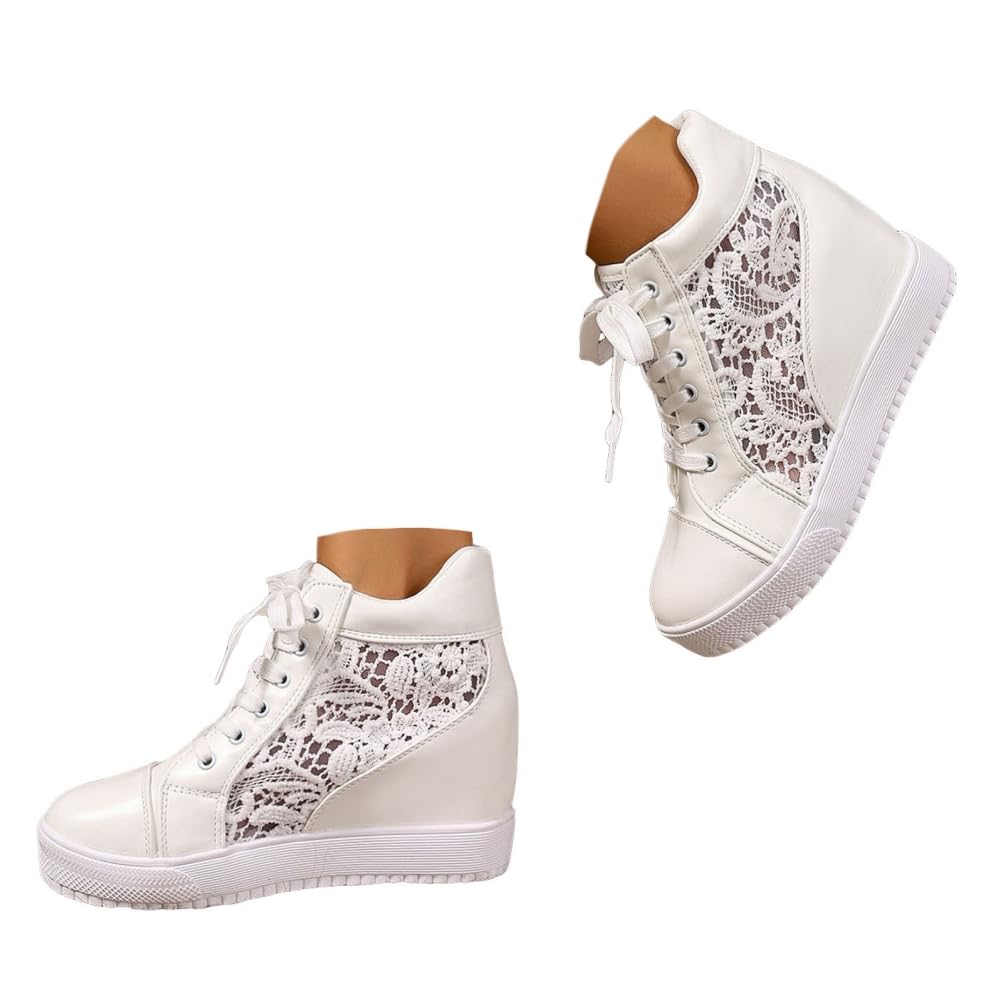 Hbeylia Platform Hidden Heels Sneakers for Women Lace Crochet Lace Up Chunky Bottom High Heels High Top Canvas Shoes Loafers