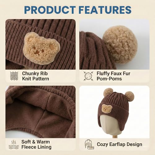 Image of Kraptick Children's Pompom Winter Warm Caps for Toddlers & Kids, Soft Knitted Beanie with Warm Earflaps, Cute Teddy Bear Design, Unisex Baby Woolen Hat-2