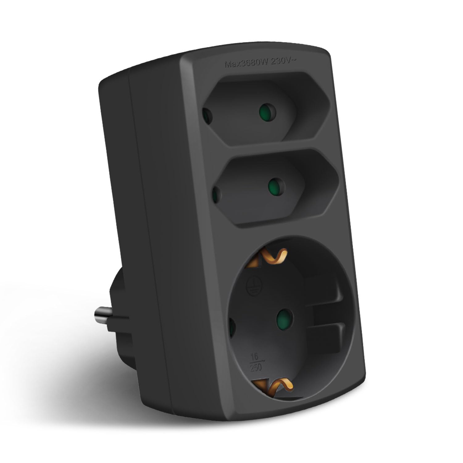 EXTRASTAR 3-Fach Steckdosenadapter, 2 Euro+1 Schuko, EU Stecker Adapter mit Kindersicherung, Steckdosenleiste für Büro, Heim oder Reise, Schwarz(1 Stück)