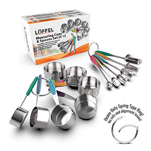 13-Piece Measuring Cups and Spoons Set - Stainless Steel Measuring Cups and Oval-Shaped Measuring Spoon - New Spring-Type Ring with No Sharp Edges - Non-Slip Silicone Grip Handles - Heavy-Duty