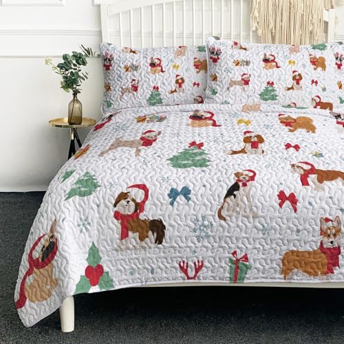 BlessLiving Dog Christmas Quilt Set Full Size, Kids Cute Puppy Xmas Theme Bedspread-size80 x90, Soft Lightweight Coverlet, Bed Cover for All Seasons-3 Pieces, Includes 1 Quilt, 2 Shams