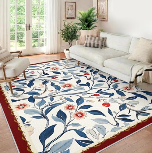 Tapis de salon 180x270 cm moderne imprimé floral blanc bleu
