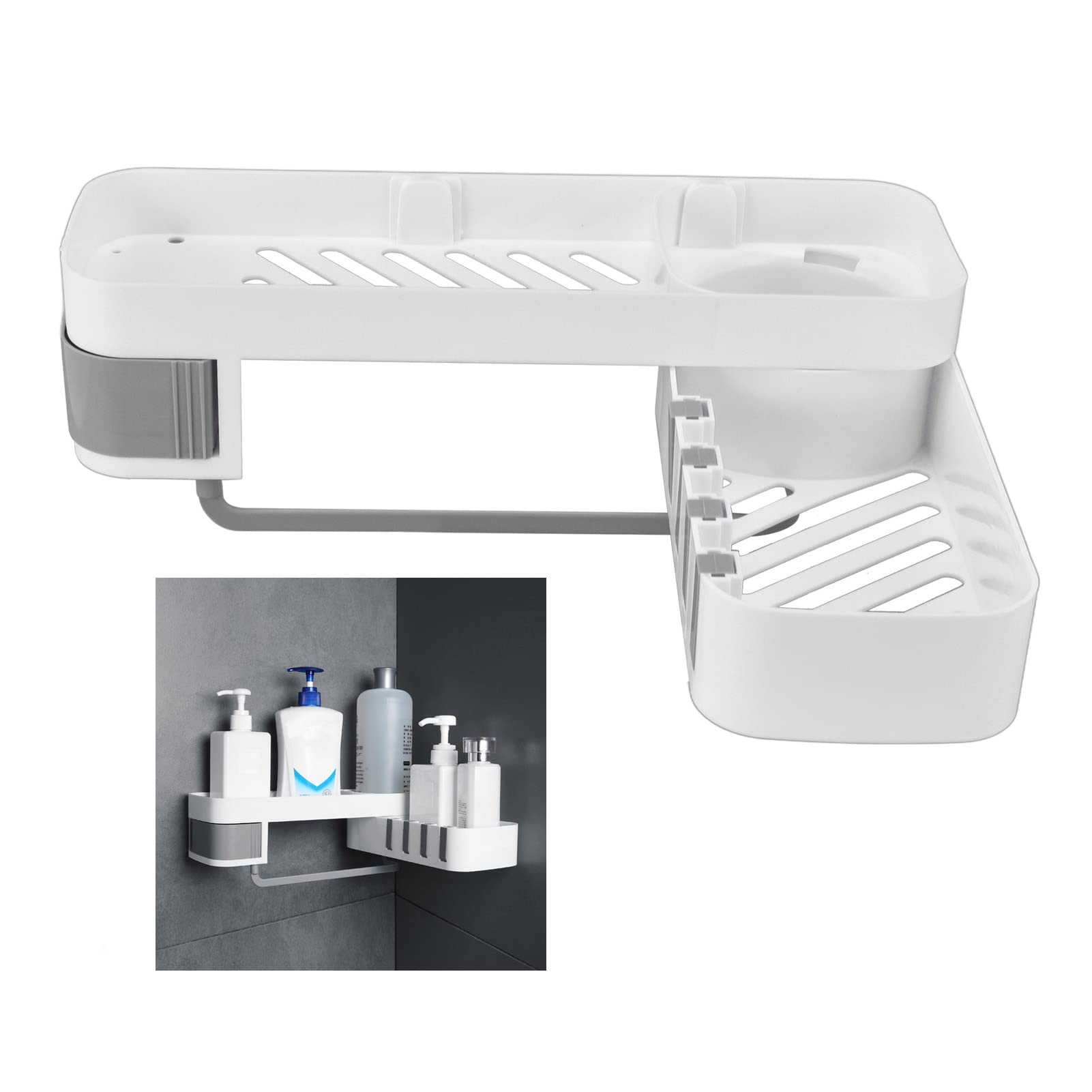 BEIJIALY Corner Shower Caddy Adhesive Shower Organizer Bathroom Corner Rack Double Layer Rotatable Wall Mounted Multifunctional Storage Shelf