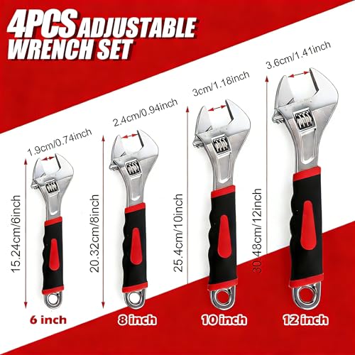 4PCS Adjustable Spanner Set, 4 Sizes Adjustable Wrench Set with Soft Grip, Multifunctional Carbon Steel Shifter Spanner Sets for Pipeline Building Machinery Home (6"+8"+10"+12") - Image 3