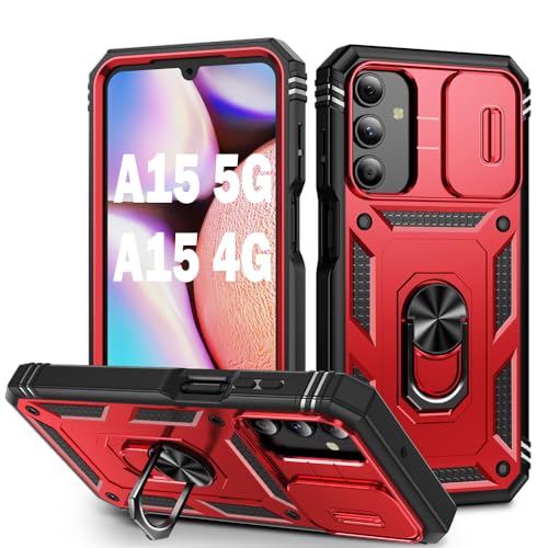 Coque Galaxy A15 5G robuste rouge avec protège caméra coulissant antichoc 6,5"