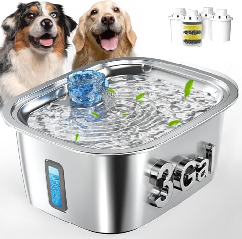 Image of PETNF 3-Gallon Stainless Steel Dog Water Fountain for Large Dogs, Dog Water Bowl Dispenser with 4 Filters, Visible Water Window, Quiet Pump & LED Low-Water Indicator