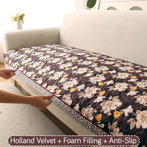 Image of HOKIPO 'Florentina Series' Foam Filled Premium Holland Velvet Sofa Cover Mat for 3 Seater Sofa with Anti-Slip Backing, Camellia Brown (IN-881-V2)