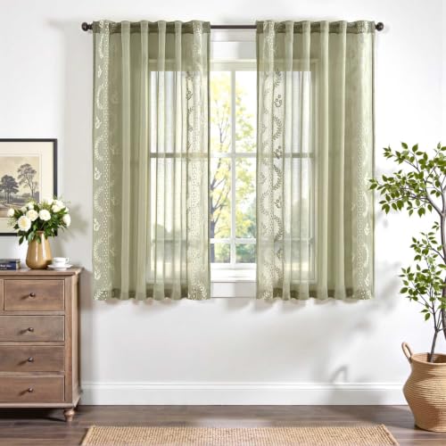 Image of jinchan Floral Sheer Curtains, Back Tab 50x63 Inch, 2 Panels Green