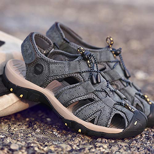 Men's Leather Hiking Sandals,Closed Toe Adjustable Strap, Outdoor Hiking Water Shoes, Black Gray Brown, Closed Toe Athletic Beach Sandals with Adjustable Straps4