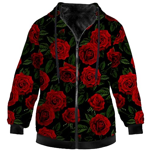 Rose Jacket for Women Men Fleece Sweatshirts Zip Up Hoodies Long Sleeve Hooded Coat with Drawstring Pockets