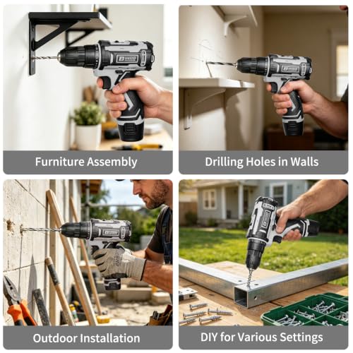 Image of 12V Cordless Drill Driver Kit, 2-Speed 0-1600 RPM, 25+1 Torque, 3 /8 inch Keyless Chuck, LED Light, Battery & Charger, Drill Bits Set, for Wood /Metal /Plastic DIY Projects, Home Repair