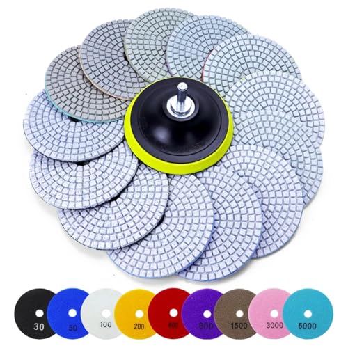 Image of 16PCS Wet Dry Diamond Polishing Pad Kit, 4 Inch Diamond Sanding Pad 30-6000 Grit with 5 /8''-11 Thread Backer Plate for Concrete Marble Quartz Granite Countertop Stone & Tile Polishing