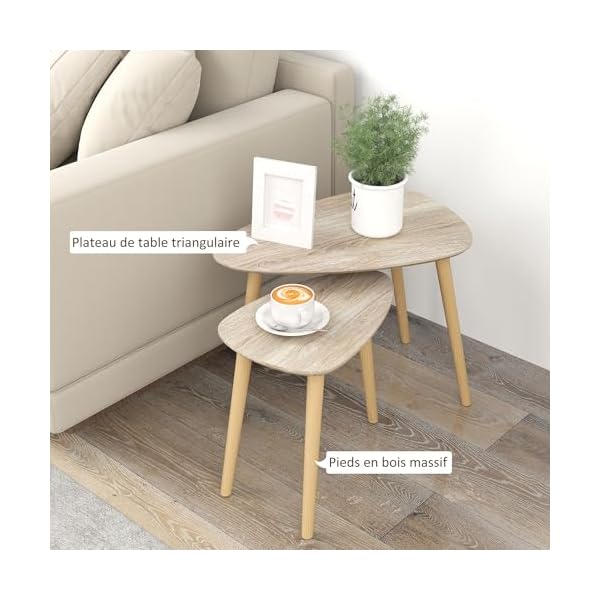 HOMCOM Lot de 2 Tables Basses gigognes Design scandinave Pieds en Bois et Plateau en Bois, Aspect Naturel